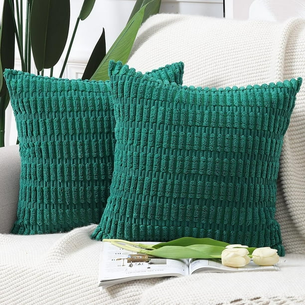 Juego de 2 Fundas de Cojín Decorativa Suave de Pana a Rayas Bohemias para Sofá y Dormitorio, Funda de Almohada Verde Oscuro