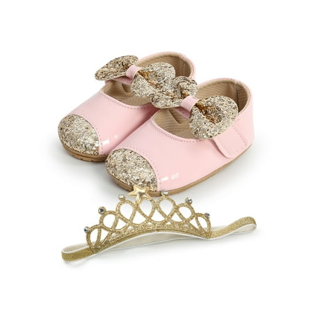 

Rotosw Infant Sandals Glitter Dress Sandal Bow Princess Shoes Cute Rubber Soft Sole Loafers Birthday Lightweight First Walking Shoe Pink With Hair Band 6C