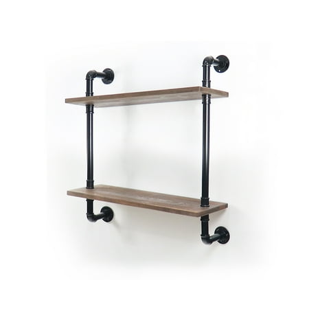 

ATT Industrial Pipe Shelf Wall Shelf Rustic Wood with Black Iron Pipe 2 Tier