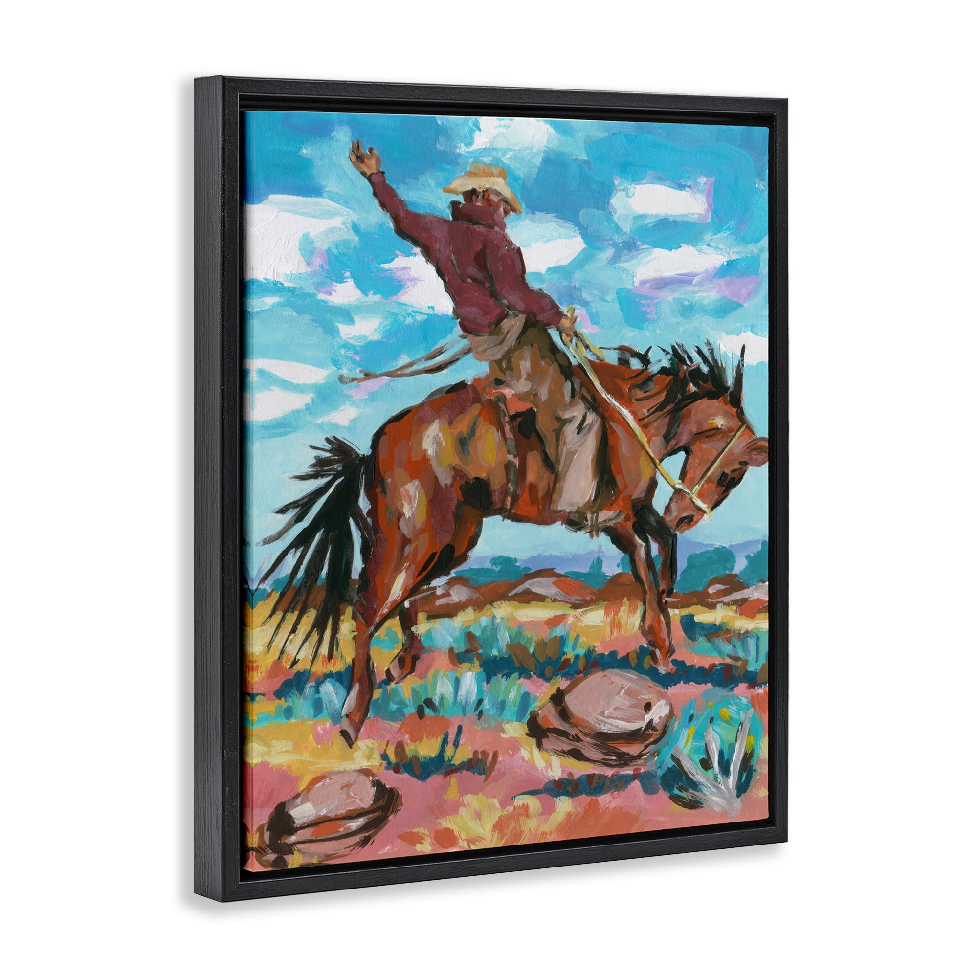 Stupell Industries Cowboy on Rearing Horse Animals Painting Black Floater Framed Canvas Art Print Wall Art, 25 x 31