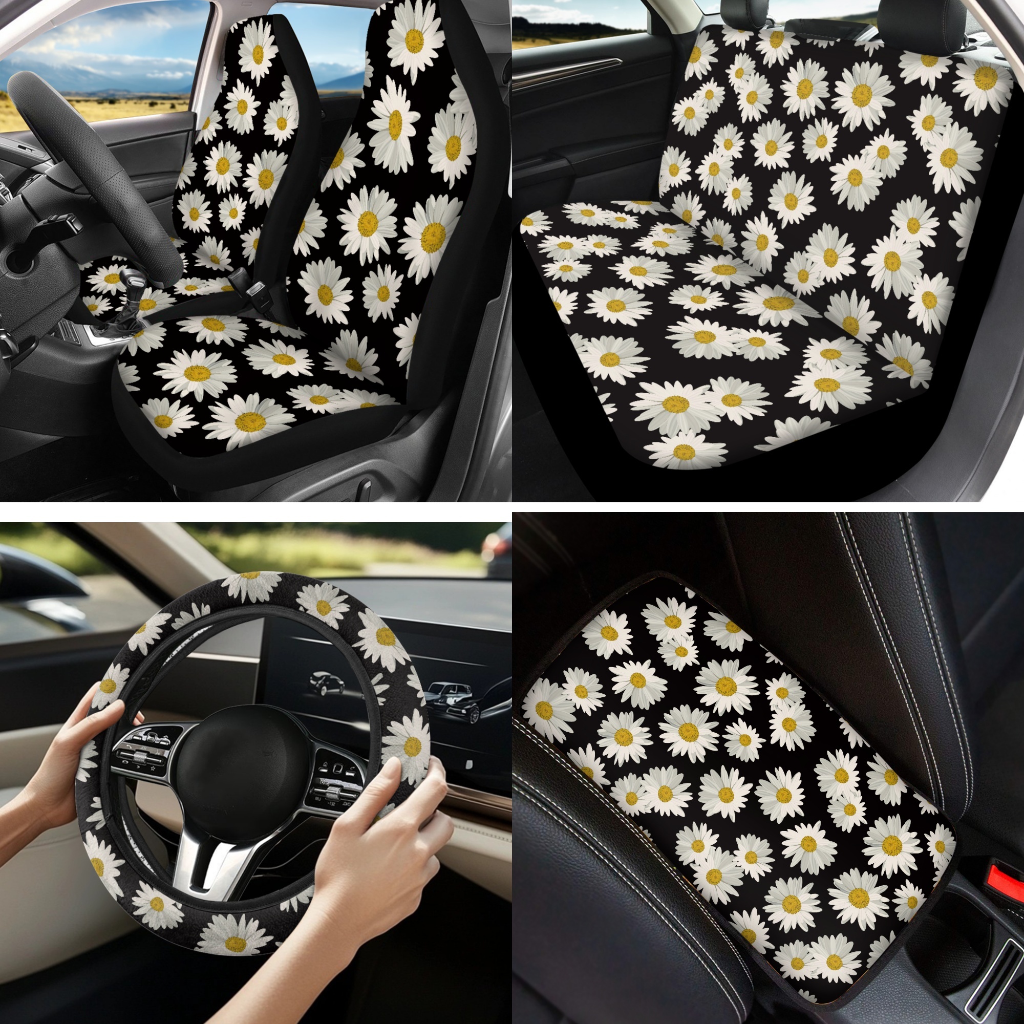 Jeiento Daisy Car Seat Cover Full Set 13 Pcs Auto Interior Accessories with Steering Wheel Cover, Seat Belt Pads, Armrest Cushion, Coasters, Keychain Gifts for Friends