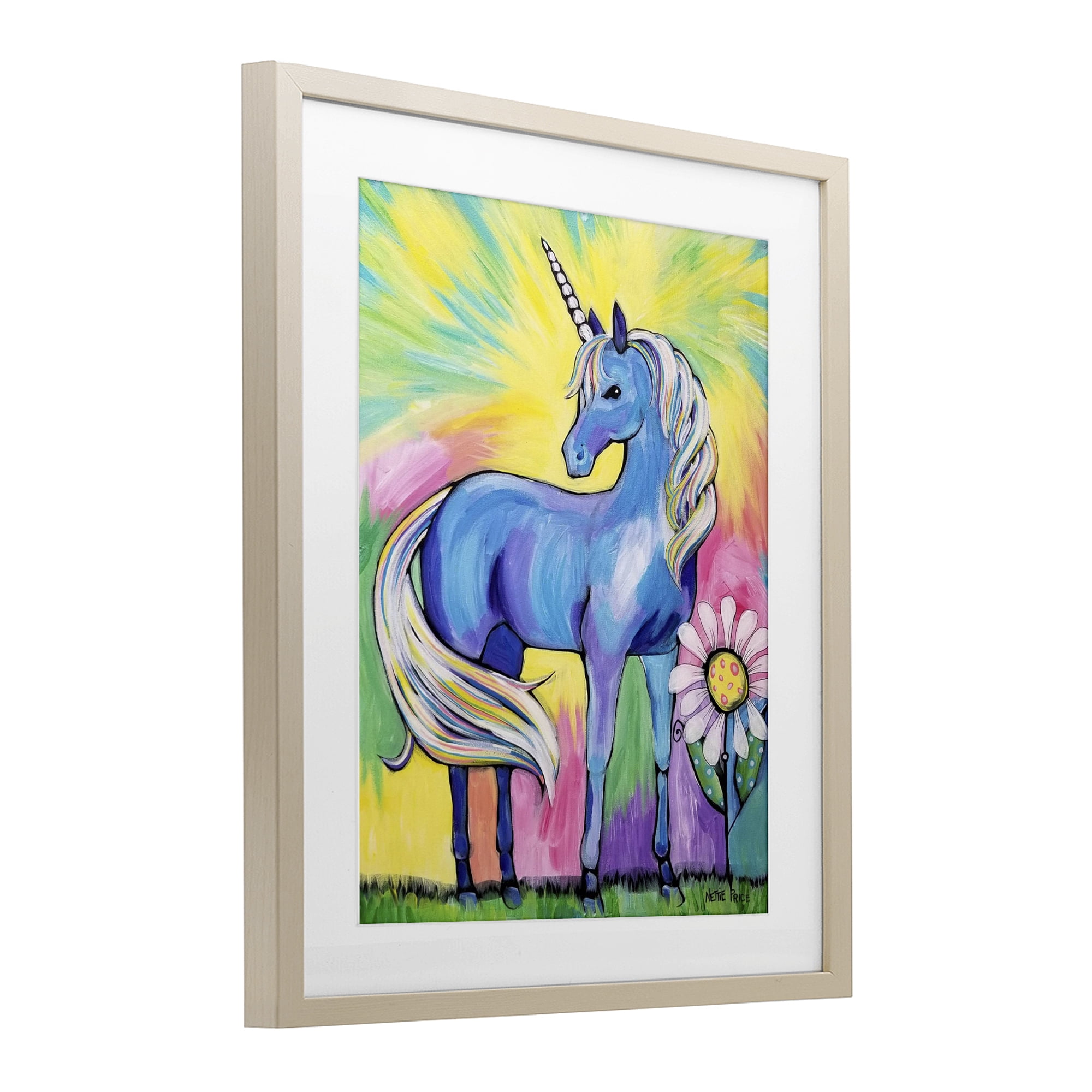 Stupell Industries Magical Unicorn in Rainbow Meadow Birch Framed Print Under Glass, design by Nettie Price