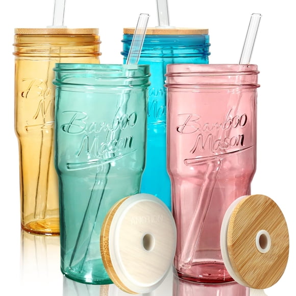 Juego de vasos de vidrio ANOTION Coloreados de 710 ml con tapas, pajitas para café