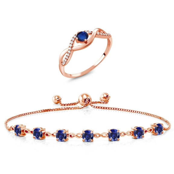 Gem Stone King 3.01 Ct Blue Created Sapphire 18K Rose Gold Plated Silver Ring and Bracelet Jewelry Set (Size 6)