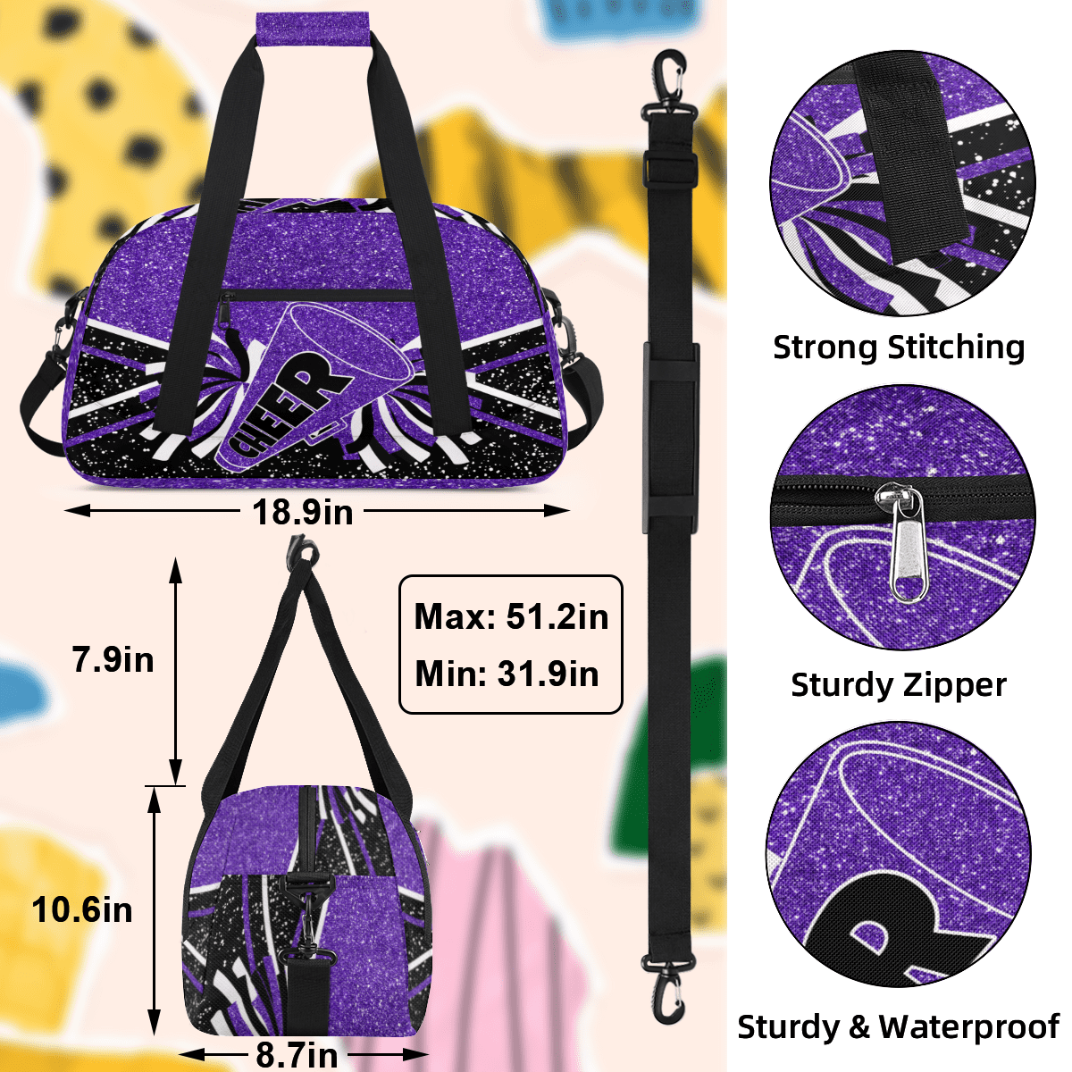 Herdesigns Cheer Bags Overnight Duffel Bags Cheerleading Purple Black Sport Gym Bag Travel Bag Travel Waterproof Weekender Bag Carry On Travel Tote Bag Dance Bags