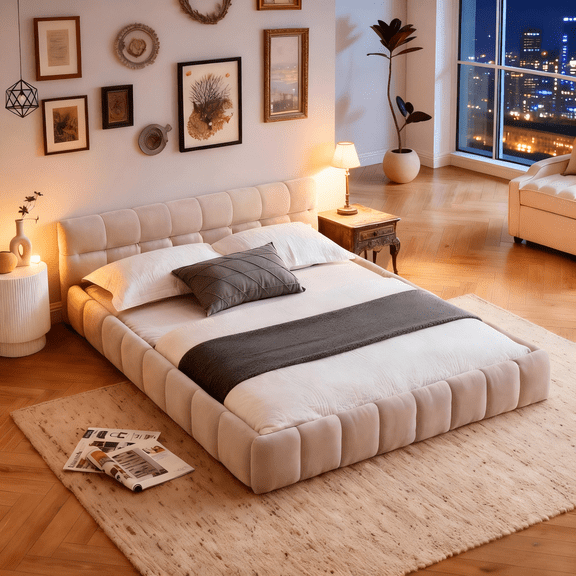 Gewnee Queen Upholstered Platform Bed, Thick Chenille, Sturdy Frame, Beige , No Box Spring Needed，Suitable for Bedrooms