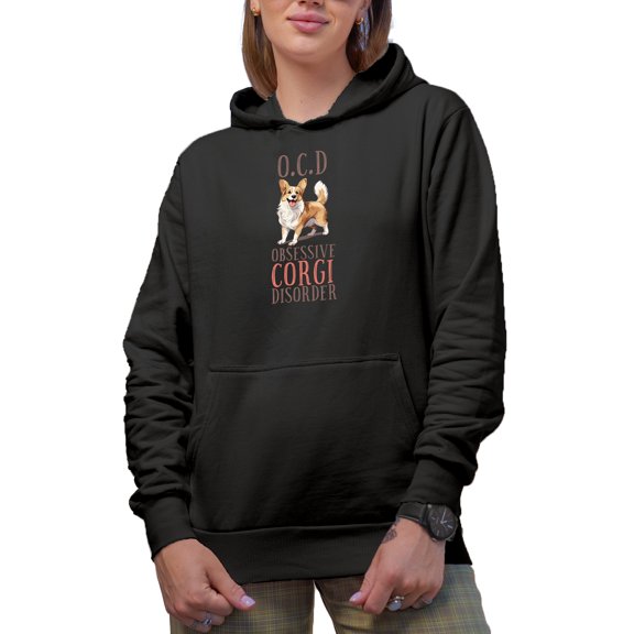 Obsessive Corgi Disorder, Dog Art Merch Gift, Black Hooded Sweatshirt or Hoodie, Small