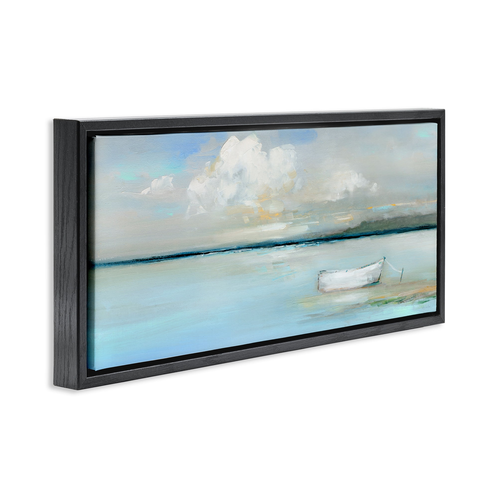 Stupell Industries Quiet Boat Docked Landscape Painting Black Floater Framed Canvas Art Print Wall Art, 25 x 11
