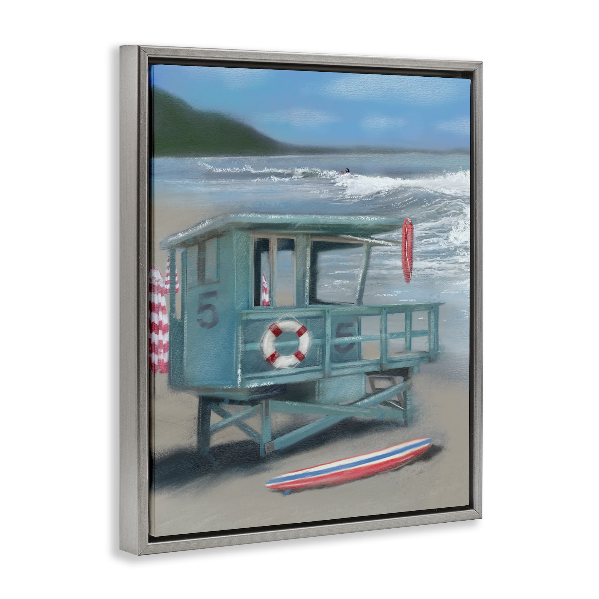 Stupell Industries Lifeguard Stand on Shore Coastal Painting Gray Floater Framed Canvas Art Print Wall Art, 17 x 21