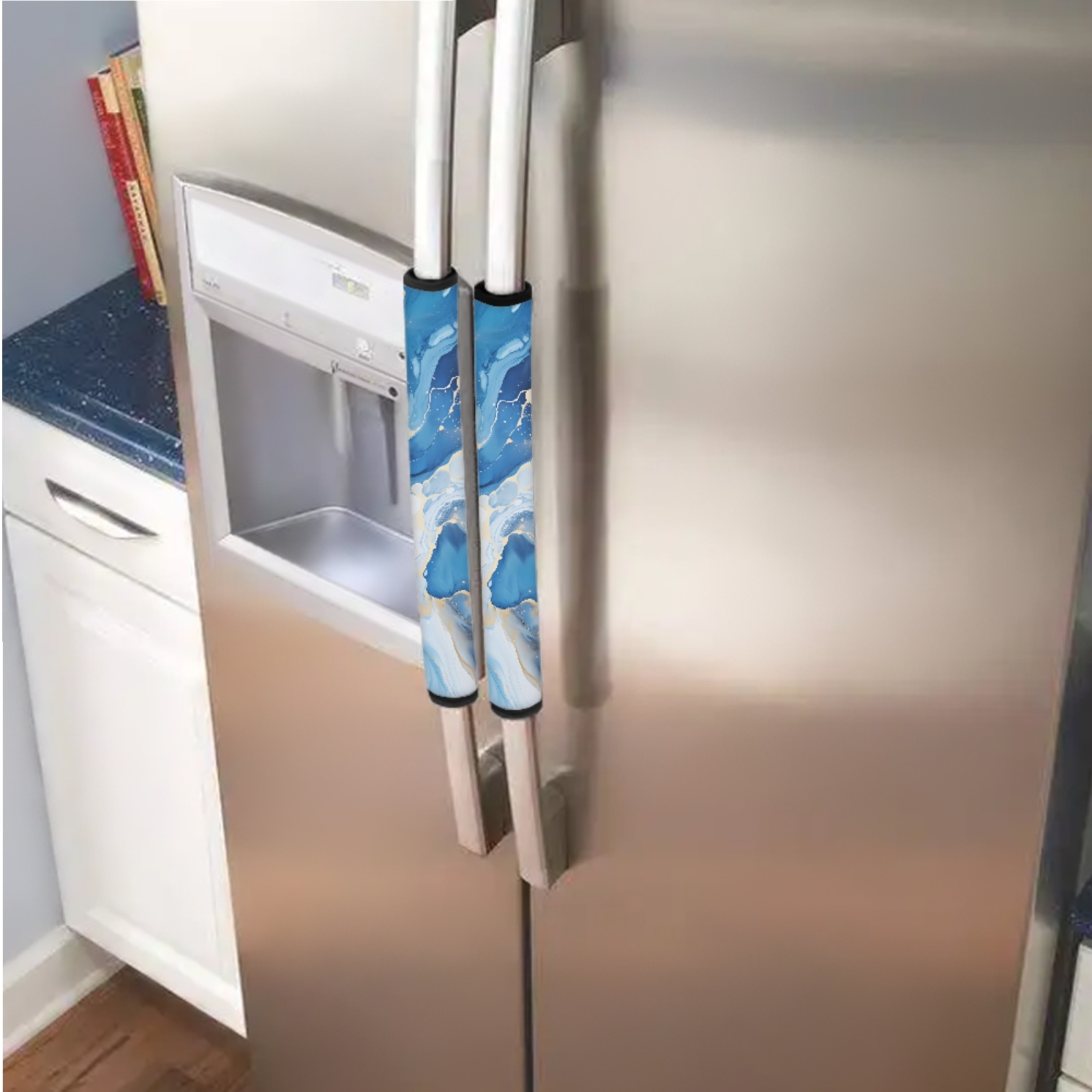 SEANATIVE Refrigerator Door Handle Covers Pack of 6 Water-Resistant Appliance Protector Door Cloth Keep Handles Clean from Smudges, Fingertips, Stains, Easy Installation, Blue Marble Gold