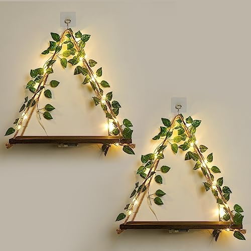 Queilt Floating Shelves,Plant Wall Decor,Wall Shelf,No Drill Shelves,Decorative Leaves and Light Strip,Set of 2 Plant Shelf Wall,Christmas Day for Decorating Room (Green Leaf)