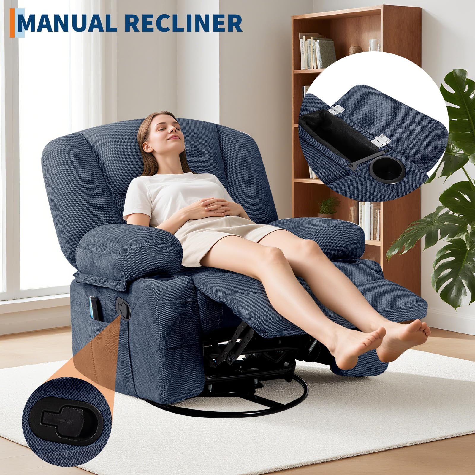 Oversized Power Recliner Chair with 360° Swivel, Rocking, Massage & Heating - Extra Wide Chenille Lounge Sofa with Remote, Cup Holders, Side Pockets, USB Port - Living Room, Bedroom