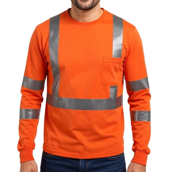 Men's Reflective Strip Long Sleeve Work T-Shirt, Hi-Vis Construction Safety Top, Heavy Duty Utility Shirt for Outdoor and Industrial Jobs