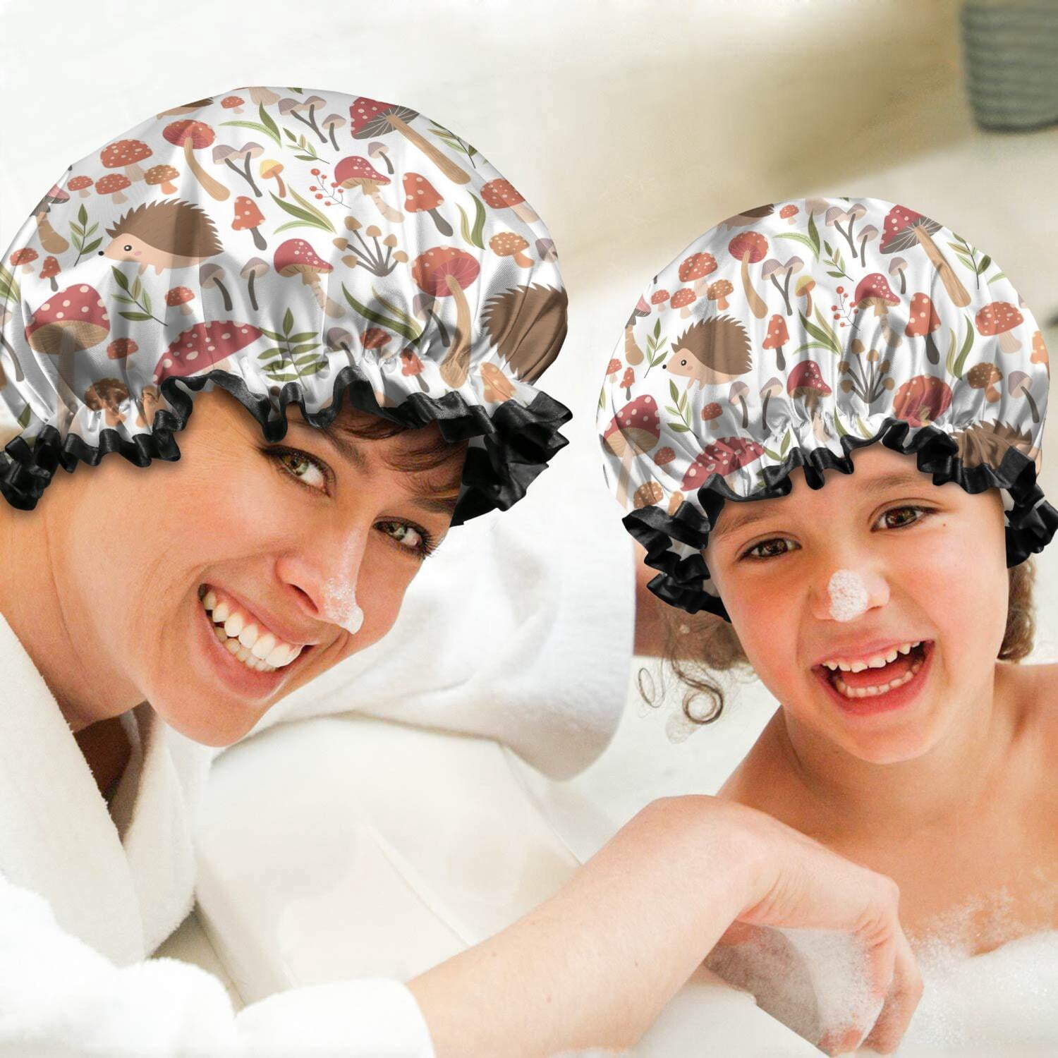 Shower Caps,Cute Hedgehogs and Red Mushrooms Snails Pattern Waterproof Shower Cap for Women 4 Pieces,Double Reusable Hair Cover for Shower PEVA Elastic Stretch Hem