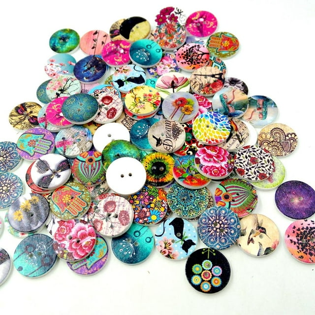 jifeng 100 Pieces Mixed Round Pattern 2 Holes Wood Buttons Sewing Scrapbooking DIY 20mm