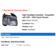 thumbnail image 2 of Right Headlight Assembly - Compatible with 2001 - 2004 Toyota Tacoma 2002 2003, 2 of 2
