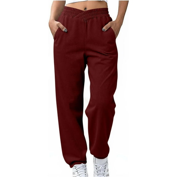 Lenpel Women's Sweatpants Crossover V High Waisted Cinch Bottom Fleece Warm Lounge Pants Casual Athletic Joggers with Pockets(Wine,X-Large)