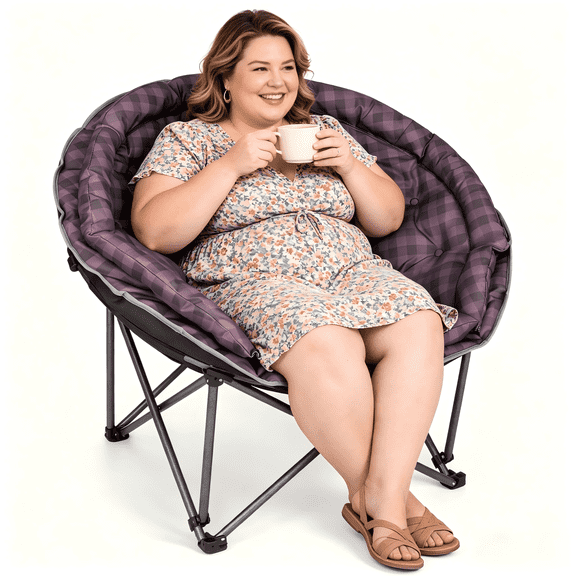Oversized Camping Moon Chair, Outdoor Padded Saucer Folding Round Chair, Supports up to 400 lbs for Outdoor Hiking Fishing Picnic Lawn,Purple Plaid