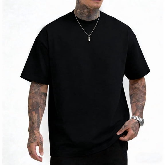 Men's 100% Cotton Heavyweight T-Shirt Black 180GSM, Crew Neck Solid Basic Casual Tee, Soft Durable Shirts S-3XL, 1 Pack