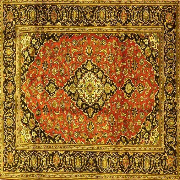 Ahgly Company Machine Washable Indoor Square Medallion Yellow Traditional Area Rugs, 5' Square
