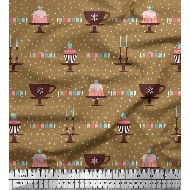 Soimoi Rayon Crepe Fabric Celebration Flag,Candlestick & Cake Party Decor Fabric Printed Yard 46 Inch Wide