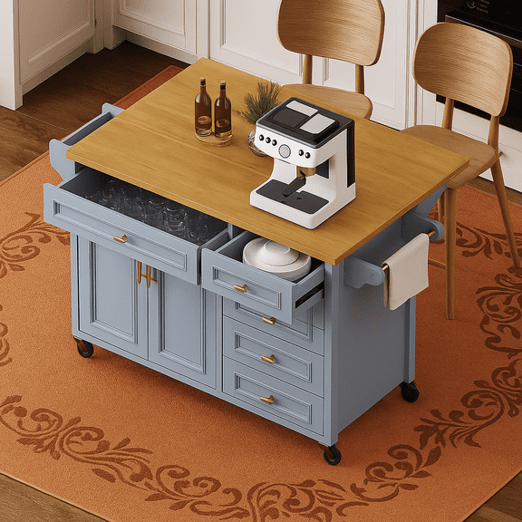 K&K 54inch Large Kitchen Island with Rubber Wood Drop Leaf, Embossed Texture Rolling Kitchen Cart on 4 Wheels with 4 Doors and 3 Drawers, Kitchen Island with Storage for Kitchen, Dining Room,