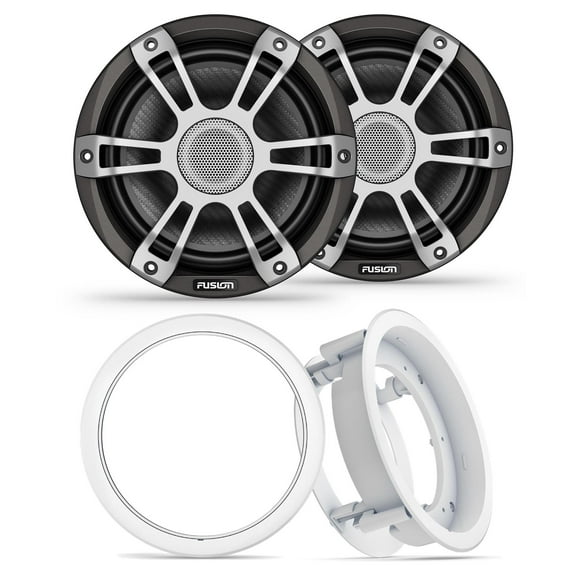 Fusion 1 pair SG-F773SPG 7.7" Signature i3 Series Marine Coax Gray Sport Grills (NO LEDs) with 1 Pair Fusion MS-FM77KIT 7.7" White Flush Mount Kit