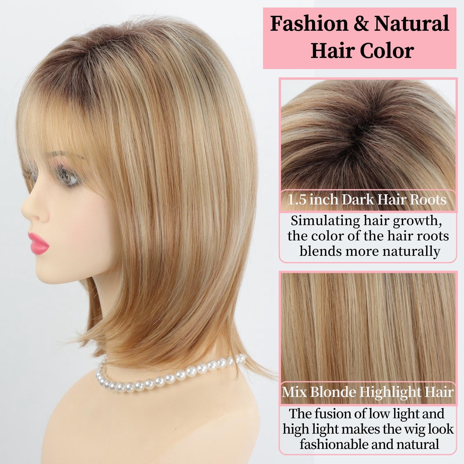 Layered Blonde Balayage Bob Wig for Women Medium Length Straight Synthetic Hair with Bangs Ombre Platinum Brown