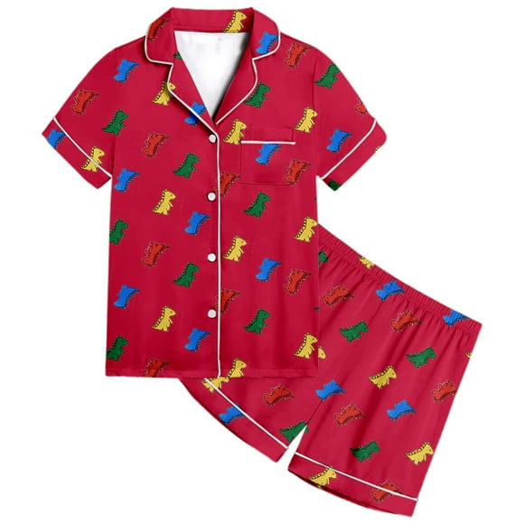 Zhuashum Teen Pajamas For Girls 12-13 Years Lapel Short Sleeve Multicolor Cartoon Paintedflowery Pattern Kids Button Down Pajamas Shorts Set Sleepwear Outfits Realax Fit Outfits Red