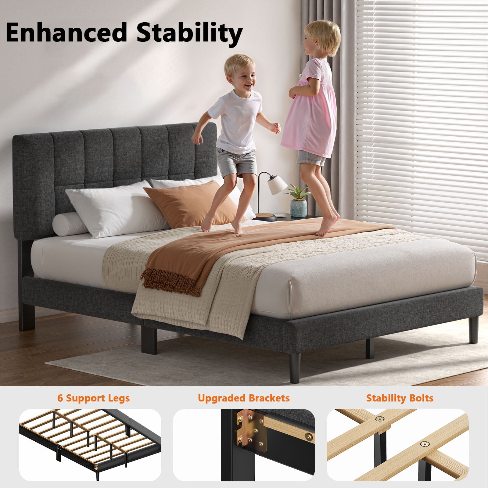 Twin Bed Frame with 12 Thickened Legs, 3-Level Linen Adjustable Upholstered Headboard, Fully Upholstered Mattress Foundation, No Box Spring Needed, Noise-Free, Up to 1300 lbs, Dark Grey