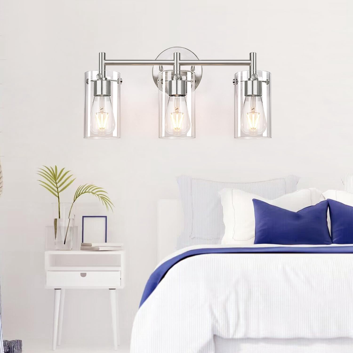 3-light Brushed Nickel Bathroom Vanity Light Fixtures  Clear Glass Shade Wall Sconces For Mirror Bedroom Living Room Hallway