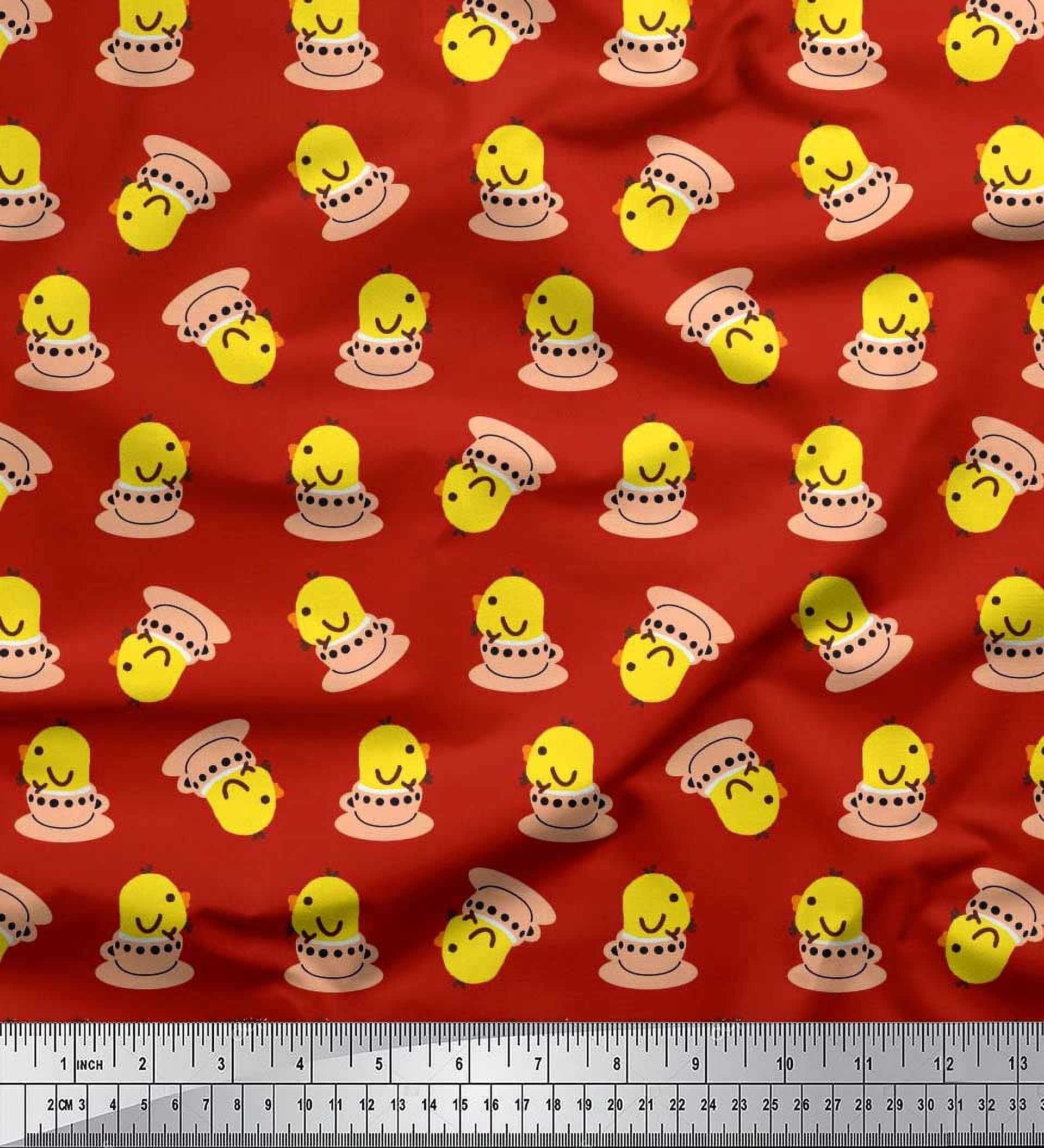 Soimoi Satin Silk Fabric Cup,Plate & Chick Cartoon Print Fabric by the Yard 42 Inch Wide