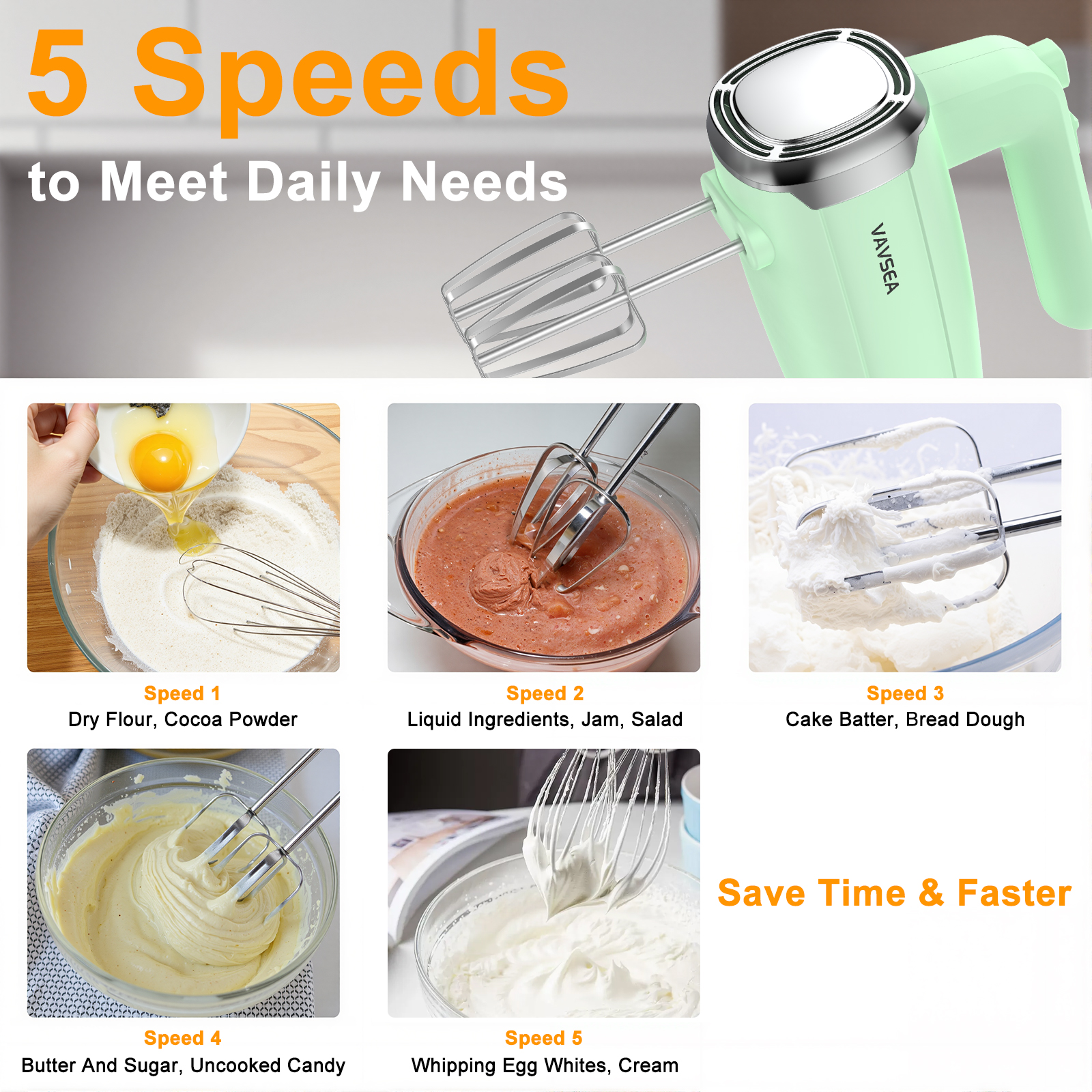 VAVSEA 500W Electric Hand Mixer with 32 Attachments, Green photo 5