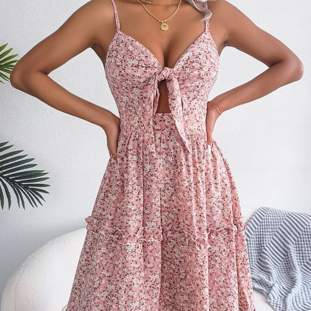 Vestir Bowknot Big Swing Dress Mujer Vestido floral Escote en V Sin mangas Playa (Rosa XL) Cgtredaw Para estrenar