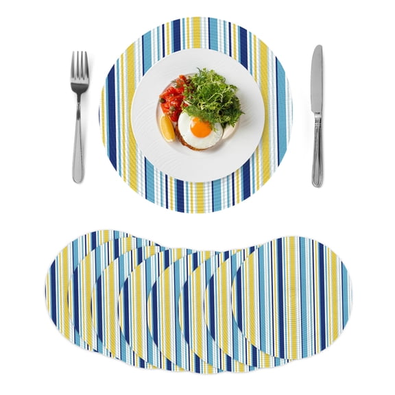 Blue Yellow Striped Round Placemats Set of 8 for Dinning Tables,Heat-proof Braided Table Mats 13 Inch,Farmhouse Navy Blue Ombre Stripes Washable Place Mat for Kitchen Restaurant Party Table Decor