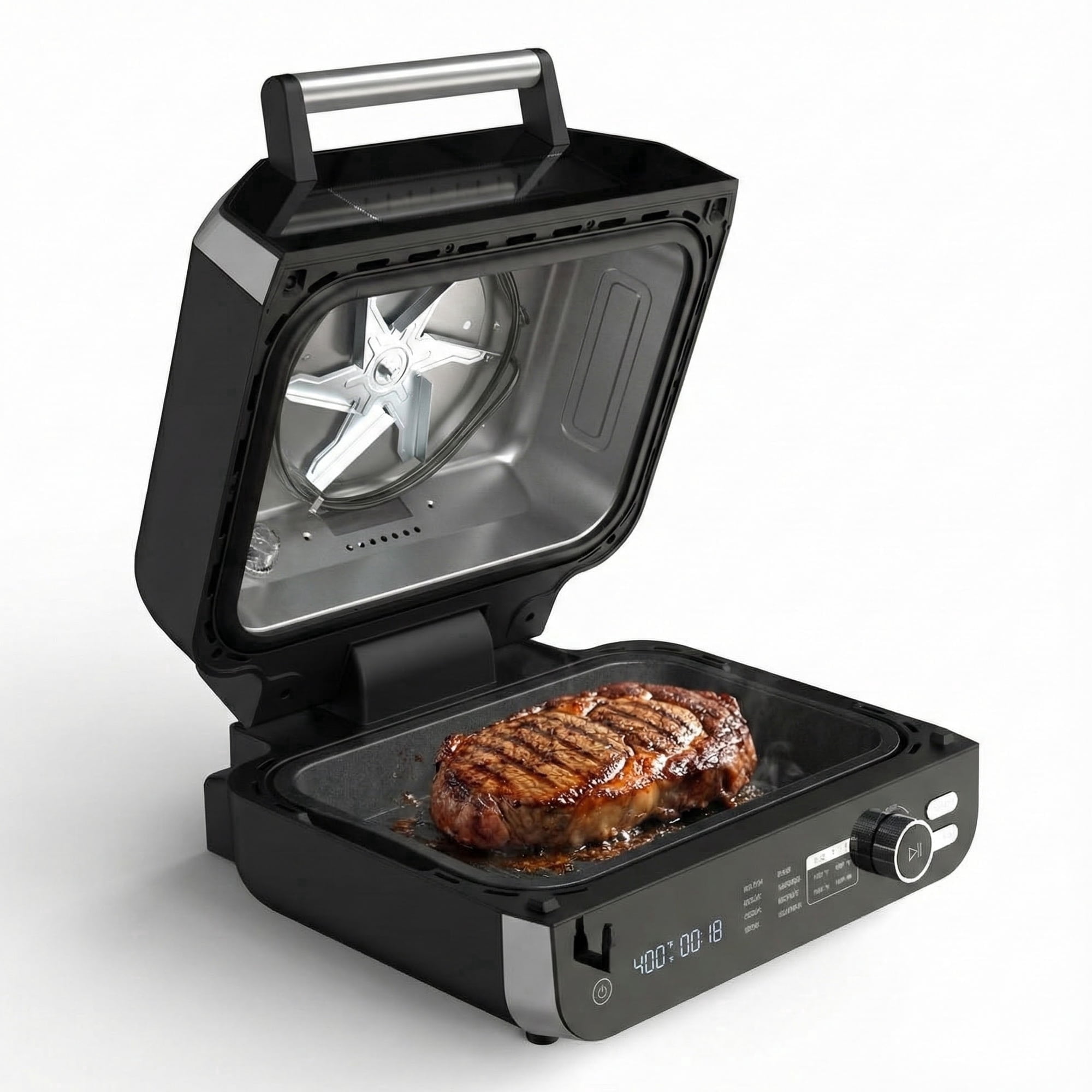 EDX Electric Air Fryer Grill Combo, 140ºF-450ºF Temperature Control, Multifunctional Steak Machine for BBQ Parties & Family Dinners, Black