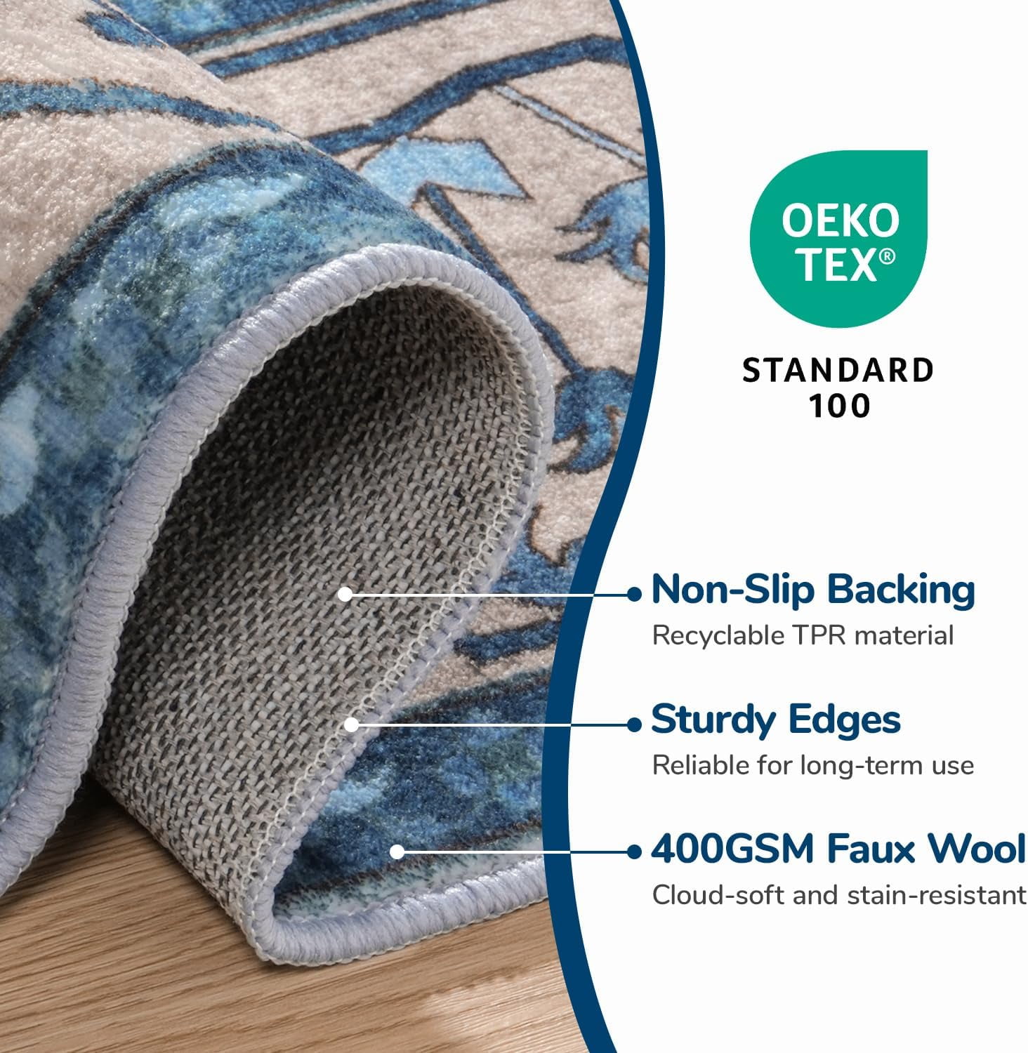 Reepow 8x10 Blue White Machine Washable Super Soft Faux-Wool Vintage Floral Boho Non-Slip Low Pile Area Rugs for Living Room Bedroom