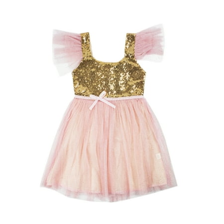 

StylesILove Kids Gold Sequin Tulle Flower Girl Dress 4 Colors (5-6 Years Pink)