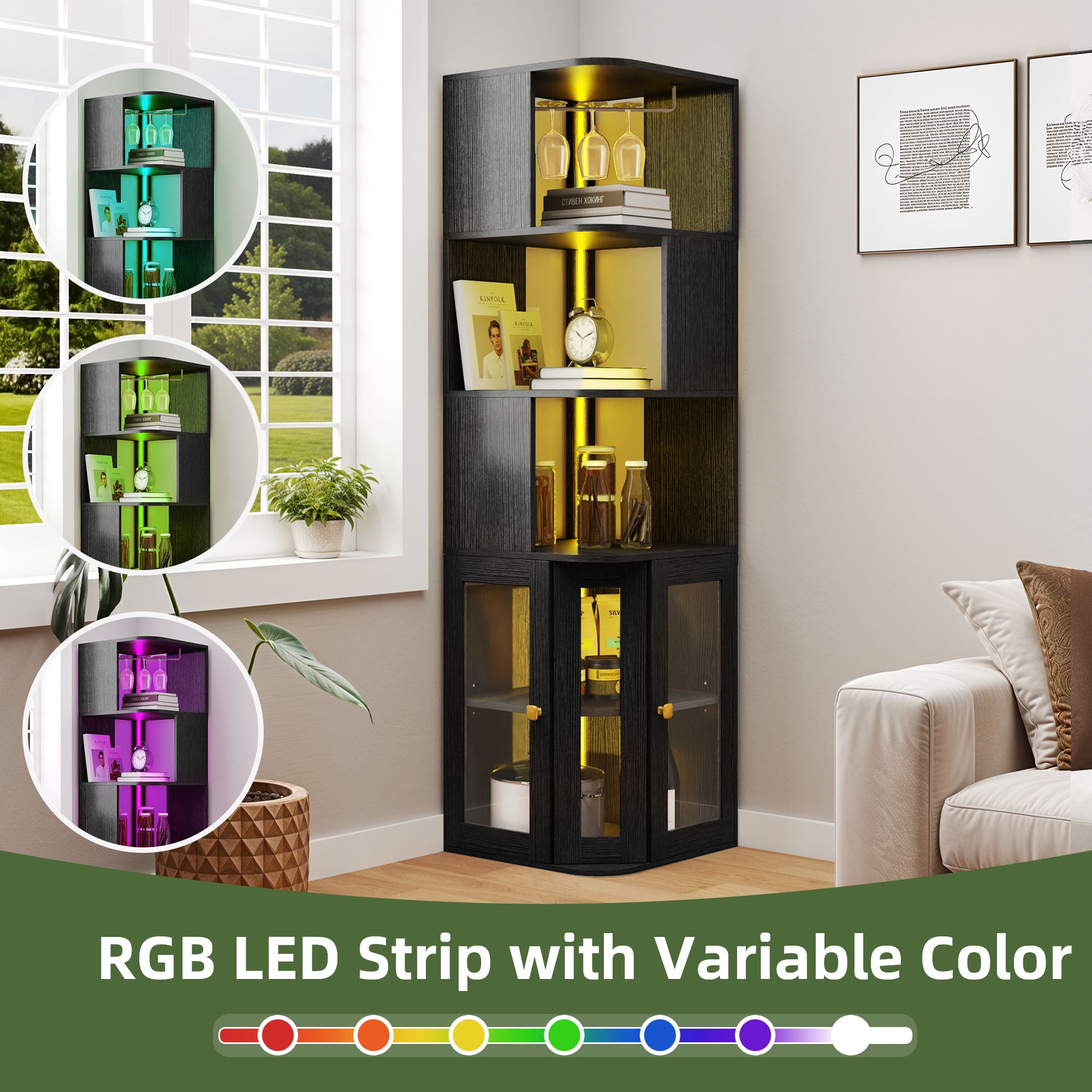 Uforic 5 Tier Corner Bar Cabinet with LED Lights & Glass Holder, Storage Cabinet with Door and Shelves, Black