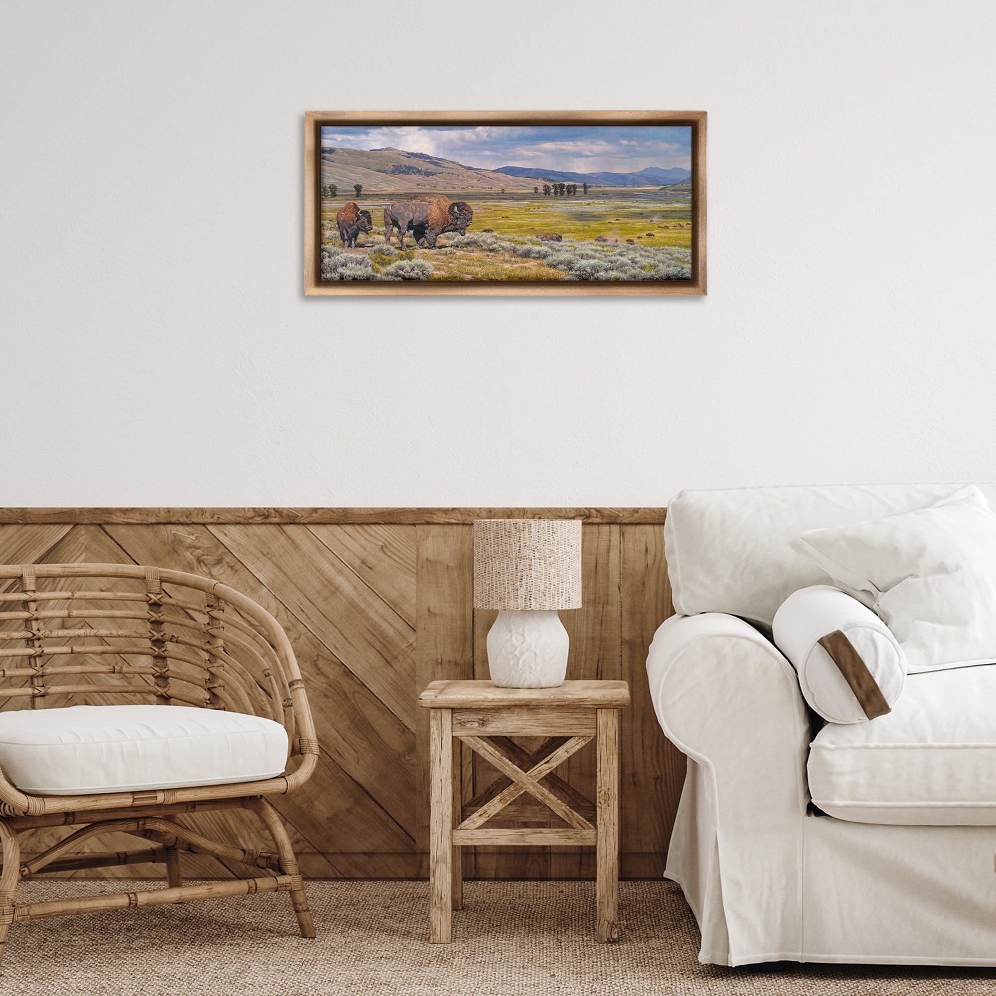Stupell Industries Roaming Southwestern Bison Landscape Painting Brown Floater Framed Art Print Wall Art, 25 x 11