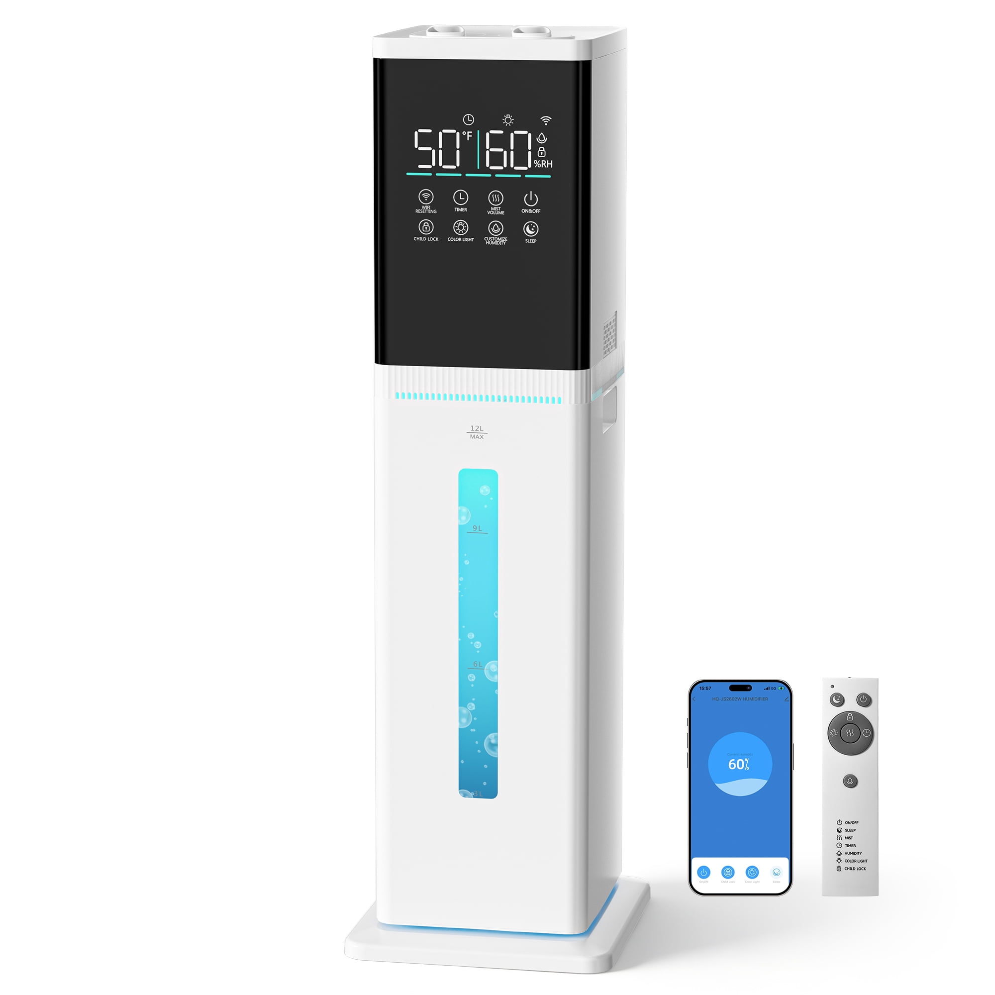 GloryAir Smart House Humidifier for Large Room 3.2Gal Cool Mist 1000ft²