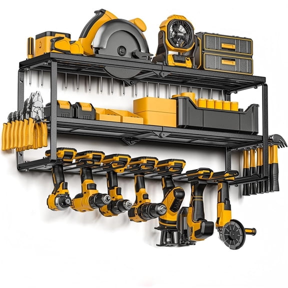 BN-LINK 3-Layer Power Tool Organizer, Heavy Duty 7-Slot Foldable Wall Mount Tool Holder, Garage Storage Rack with Cordless Drill Holder & Battery Shelf, for Workshop, Shed, Pegboard