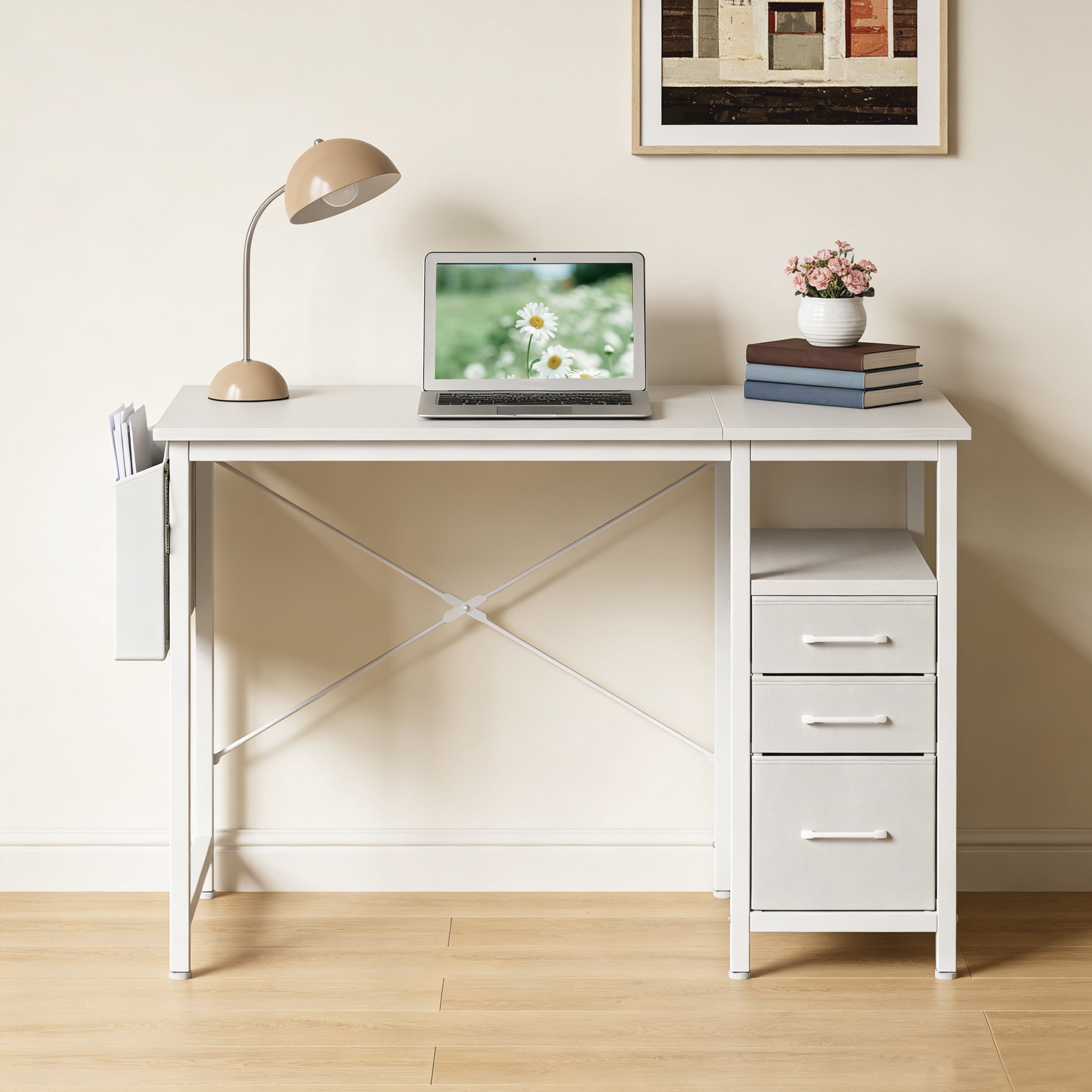 EDX 40 Inch Computer Desk with 3 Drawers, Writing Desk with Side Storage Pocket, for Home Office, Bedroom , White