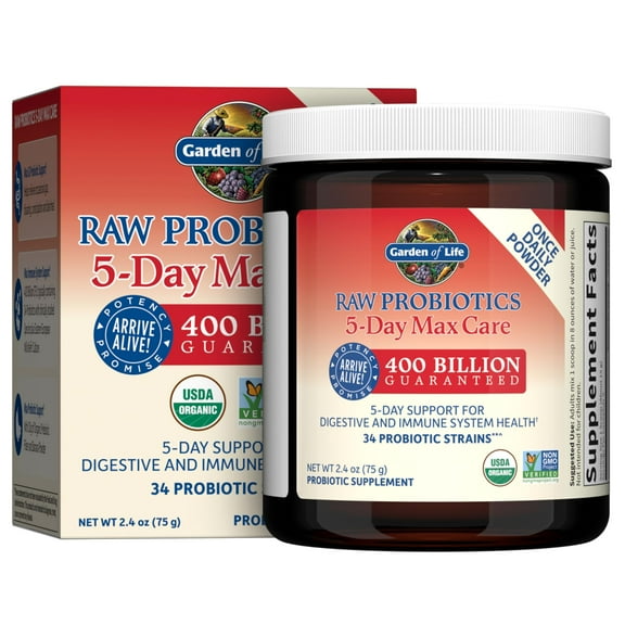 Garden of Life Organic Probiotic Powder for Women and Men - Raw Probiotics 5-Day Max Care 400 Billion CFU - 5-Day Support for Digestive and Immune Health - 2.4 oz Powder