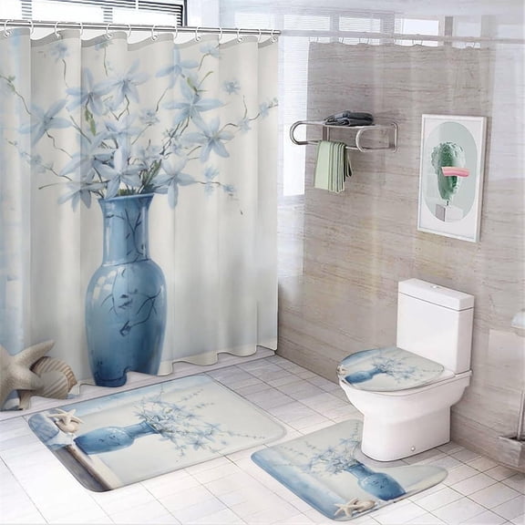 4Pcs Coastal Vase Shower Curtain Sets with Non-Slip Rugs, Toilet Lid Cover and Bath Mat, Ocean Shell Vintage Flower Bathroom Decor Set Waterproof Shower Curtains with 12 Hooks