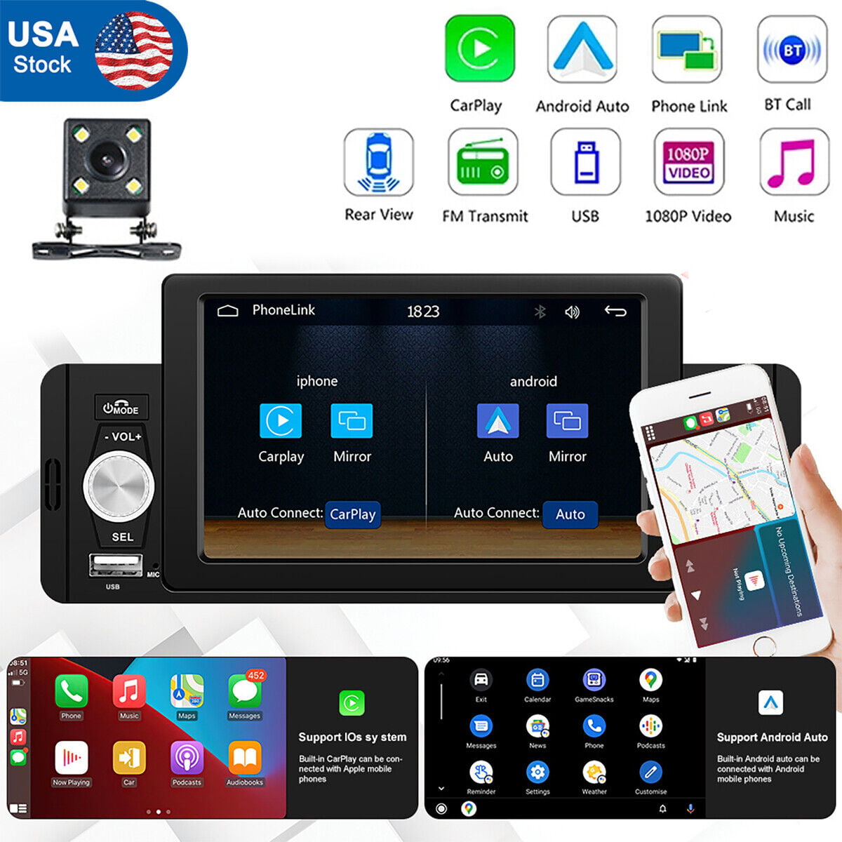 1 DIN Autoradio Bluetooth MP5-Player 5,1-Zoll-Autoradio Stereo ips  Touchscreen mit drahtlosem Carpl