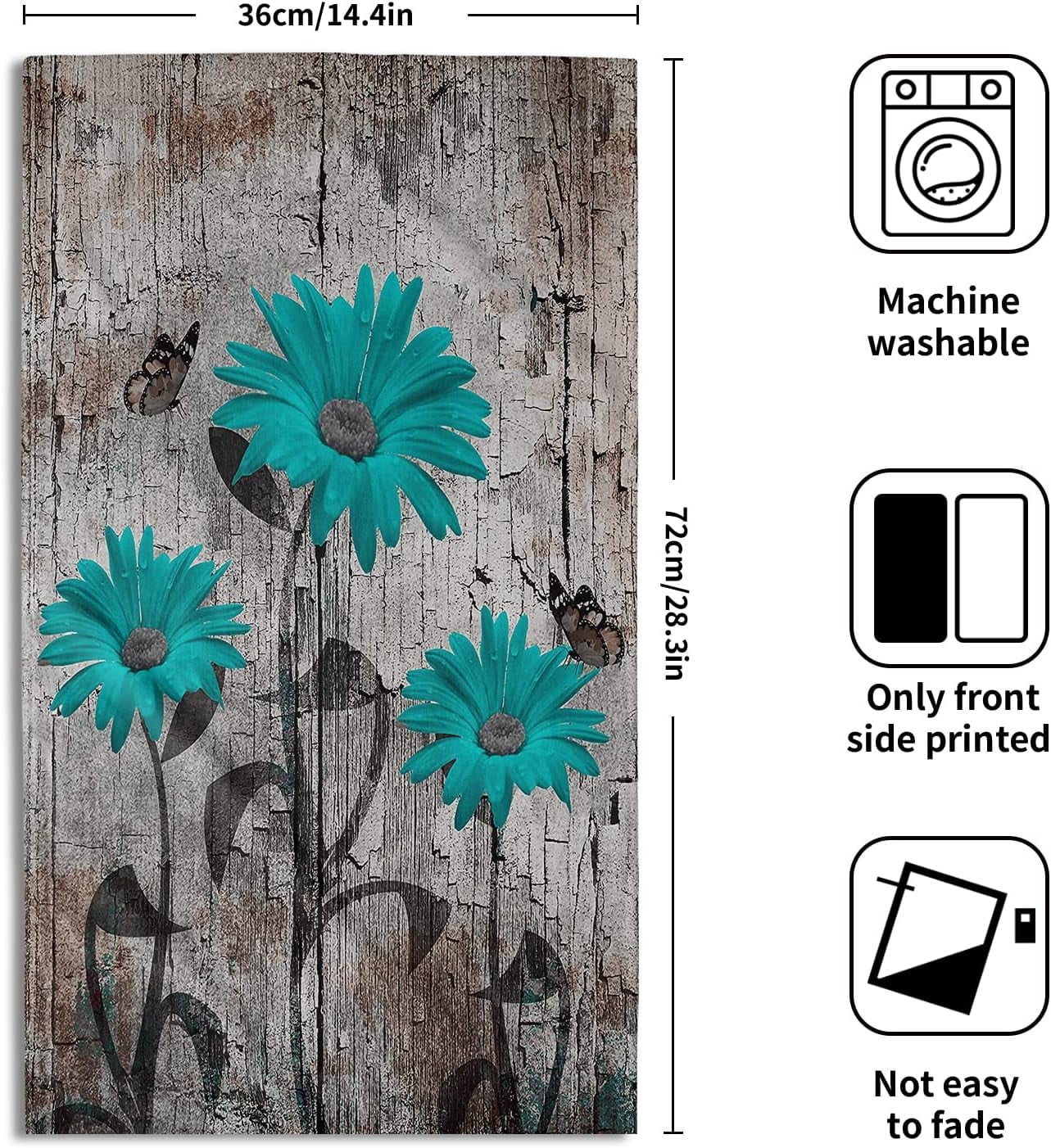 Teal Turquoise Daisy Butterfly Hand Towels Set of 2 Blue Floral Decorative Rustic Bath Towel Kitchen Dish Guest Towel for Home Spa Yoga Sport Hotel