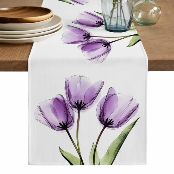 Purple Tulip Table Runner, Aesthetic Pastoral Flower Floral Spring Washable Cotton Linen Table Runners 90 Inches Long, Dresser Scarf Runner for Dining/Coffee/Kitchen/Hallway Tables 13''x90''