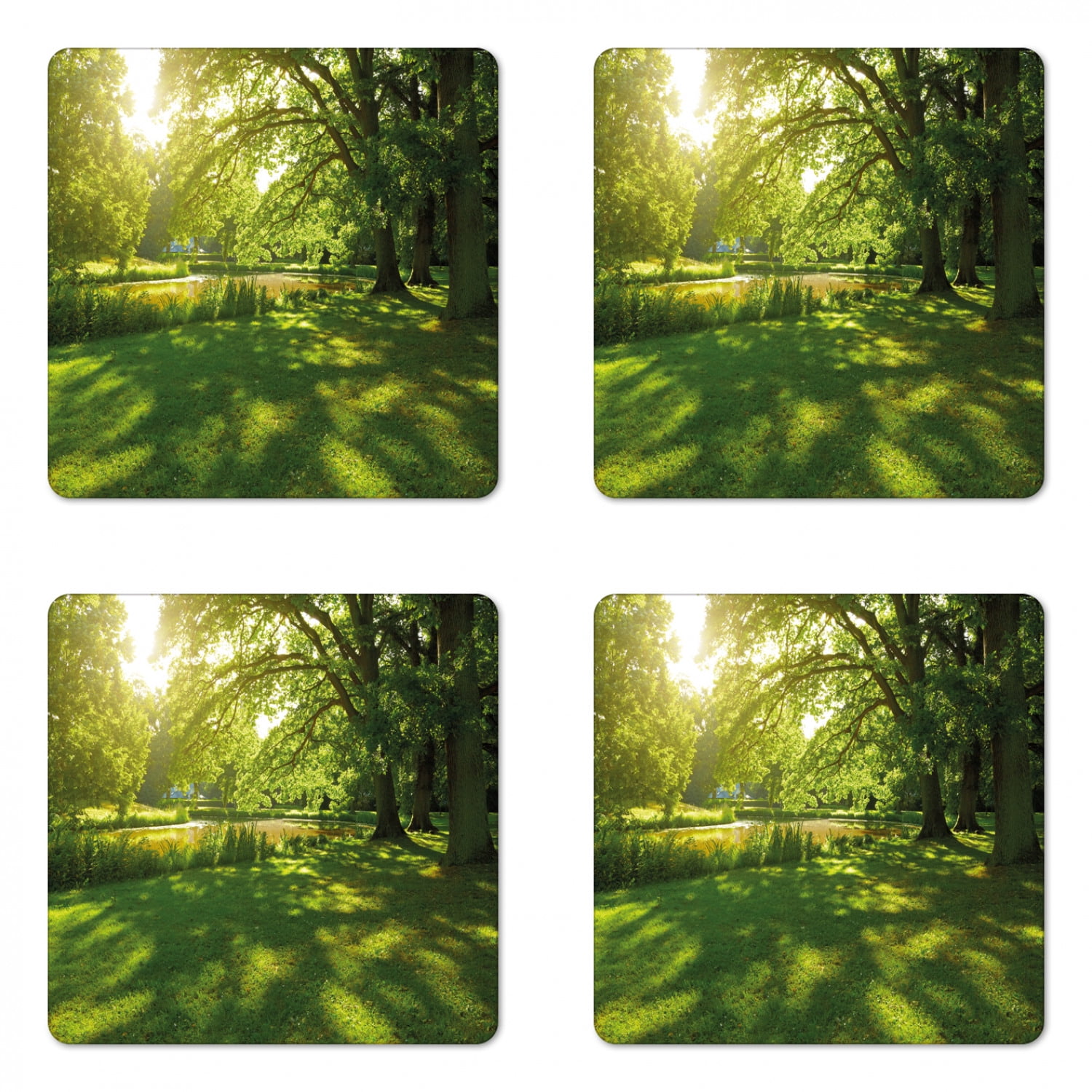 Green Coaster Set of 4, Summer Park in Hamburg Germany Trees Sunlight