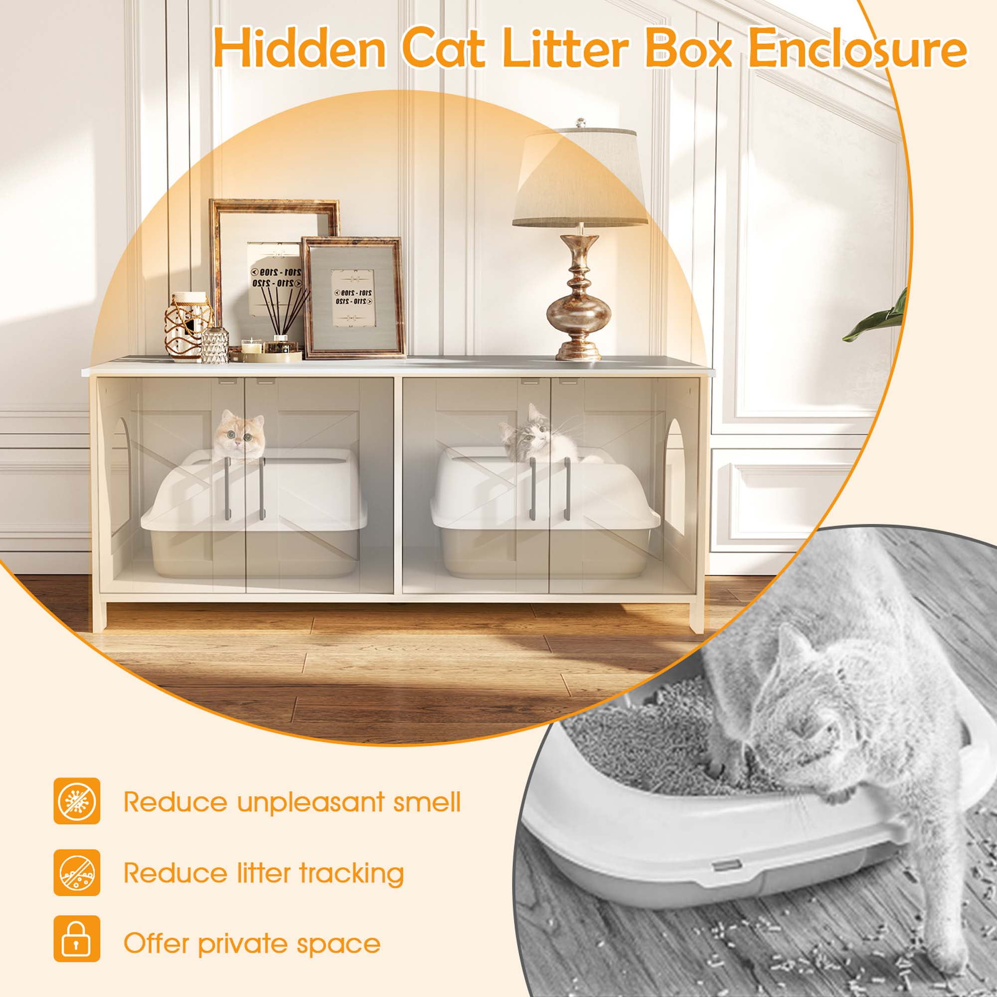 Gymax Cat Litter Box Enclosure for 2 Cats w/ Double Rooms Wooden Cat Washroom Cabinet White